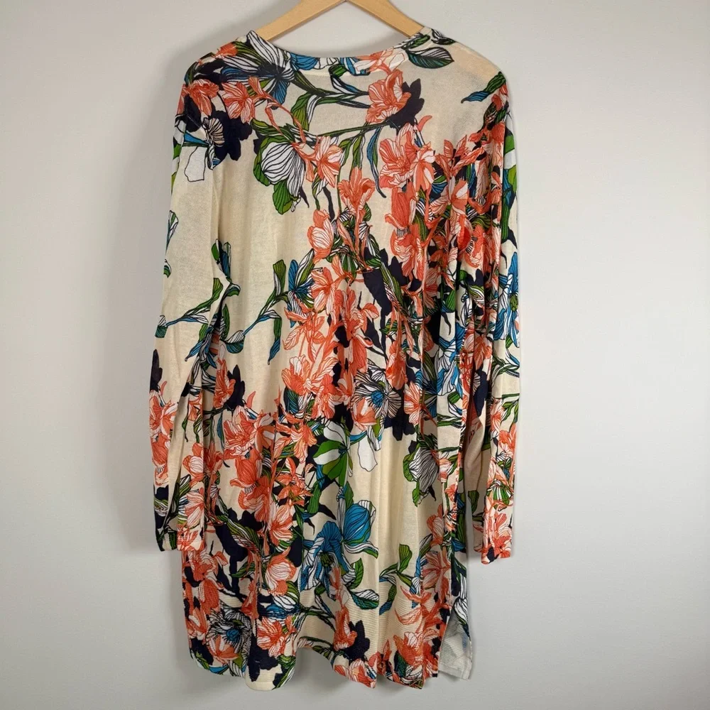 Chico's‎ Colorful Vibrant Floral Print Long Line Button Up Cardigan Sweater 3 XL